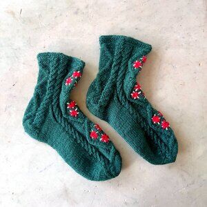 Hand-Knit Cozy Soft Wool Green and Red Christmas Socks